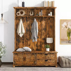 Modern Hall Tree With Storage Bench, Entryway Coat Rack With 5 Hooks & 2 Large Drawers, Rustic Brown Shoe Cabinet for Mudroom, Living Room, Bedroom