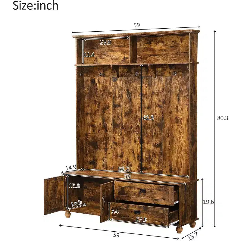 Albero d'ingresso moderno con panca portaoggetti, appendiabiti da ingresso con 5 ganci e 2 ampi cassetti, scarpiera rustica marrone per guardaroba, soggiorno, camera da letto
