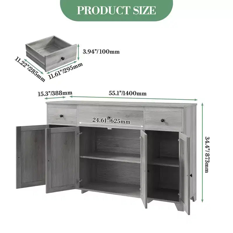 Madia credenza da 139,7 cm con 3 cassetti e 4 ante, mobiletto contenitore da cucina con ripiani regolabili per sala da pranzo e soggiorno