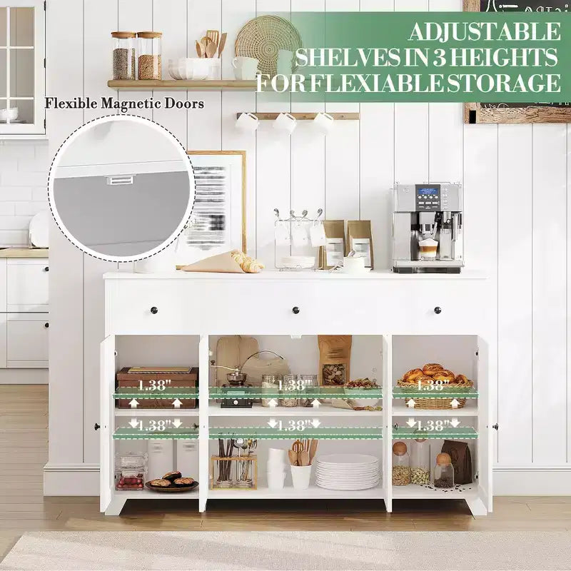 Madia credenza da 139,7 cm con 3 cassetti e 4 ante, mobiletto contenitore da cucina con ripiani regolabili per sala da pranzo e soggiorno