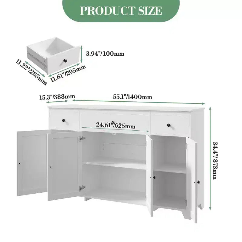 Madia credenza da 139,7 cm con 3 cassetti e 4 ante, mobiletto contenitore da cucina con ripiani regolabili per sala da pranzo e soggiorno