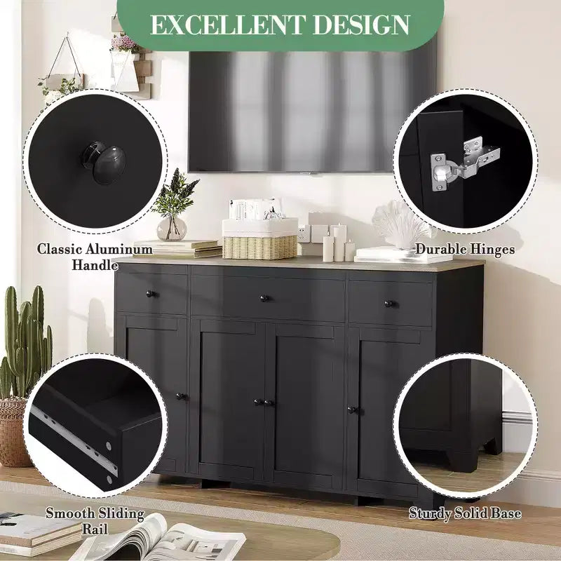 Madia credenza da 139,7 cm con 3 cassetti e 4 ante, mobiletto contenitore da cucina con ripiani regolabili per sala da pranzo e soggiorno