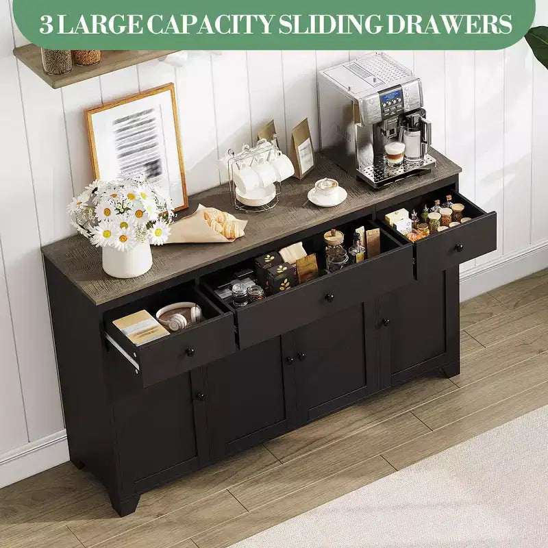 Madia credenza da 139,7 cm con 3 cassetti e 4 ante, mobiletto contenitore da cucina con ripiani regolabili per sala da pranzo e soggiorno