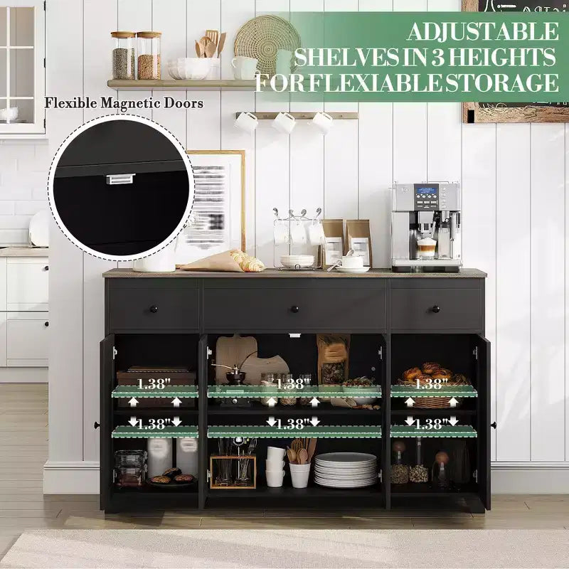 Madia credenza da 139,7 cm con 3 cassetti e 4 ante, mobiletto contenitore da cucina con ripiani regolabili per sala da pranzo e soggiorno