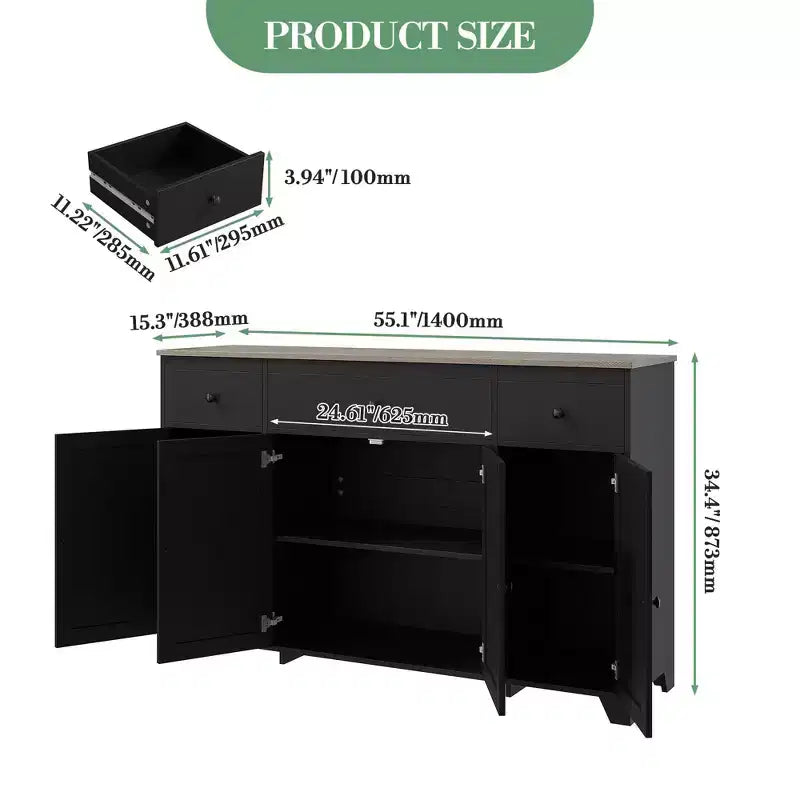Madia credenza da 139,7 cm con 3 cassetti e 4 ante, mobiletto contenitore da cucina con ripiani regolabili per sala da pranzo e soggiorno
