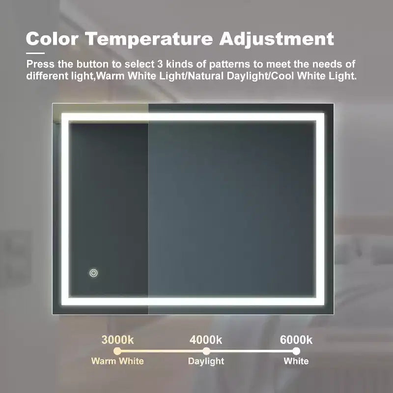 Specchio LED per bagno 32 x 24 pollici, 3 colori dimmerabili, da parete per trucco, con controllo interruttore a muro, impermeabile, antiappannamento
