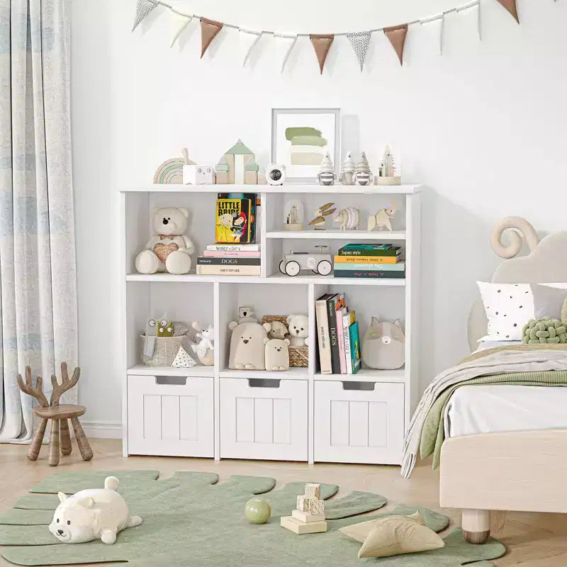 Organizzatore Porta Giochi, Libreria per Bambini con Contenitore Portaoggetti con 3 Cassetti Rimovibili e Ruote Nascoste - Bianco (Camera da Letto/Sala Giochi/Nursery)
