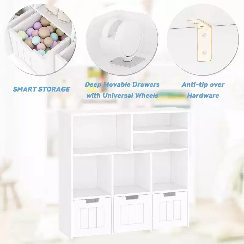 Organizzatore Porta Giochi, Libreria per Bambini con Contenitore Portaoggetti con 3 Cassetti Rimovibili e Ruote Nascoste - Bianco (Camera da Letto/Sala Giochi/Nursery)