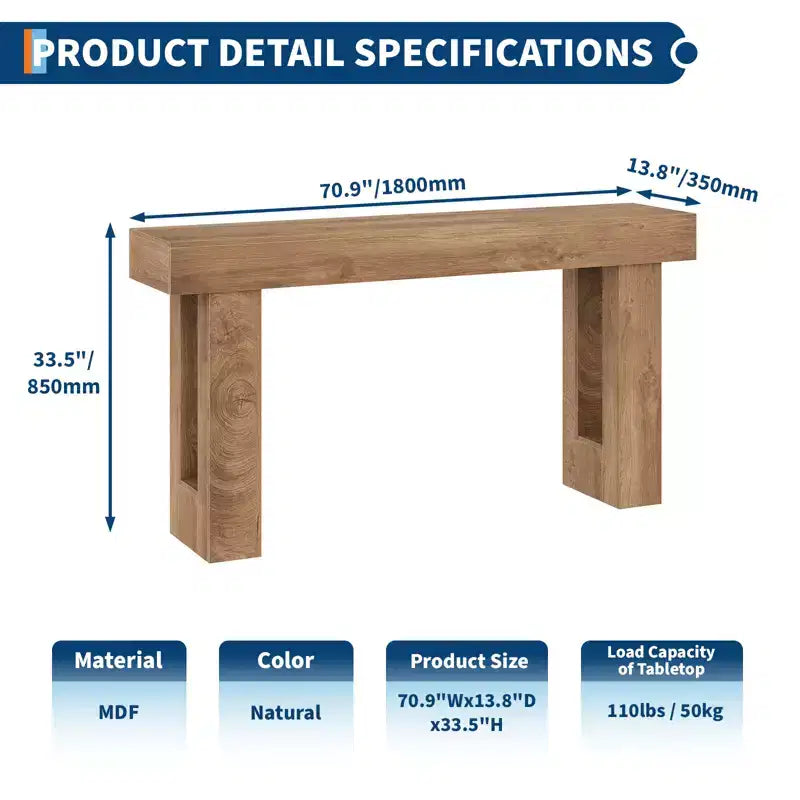 Tavolo consolle lungo 160 cm - Tavolo da divano dietro il divano, Tavolo rettangolare in legno stile rustico per ingresso, corridoio, soggiorno