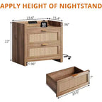 Acekool, set di 2 comodini con porta Type-C per ricarica rapida, doppia presa e 2 cassetti in rattan, tavolini da notte per camera da letto e soggiorno