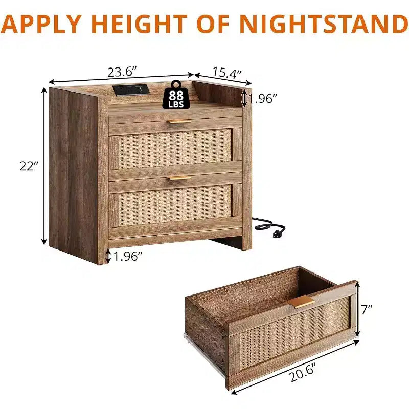 Acekool, set di 2 comodini con porta Type-C per ricarica rapida, doppia presa e 2 cassetti in rattan, tavolini da notte per camera da letto e soggiorno