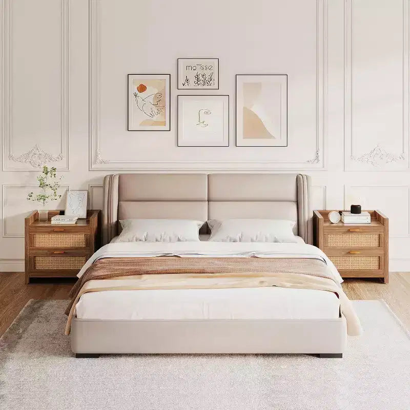 Acekool, set di 2 comodini con porta Type-C per ricarica rapida, doppia presa e 2 cassetti in rattan, tavolini da notte per camera da letto e soggiorno