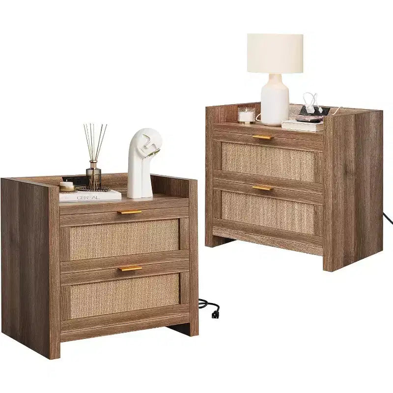 Acekool, set di 2 comodini con porta Type-C per ricarica rapida, doppia presa e 2 cassetti in rattan, tavolini da notte per camera da letto e soggiorno