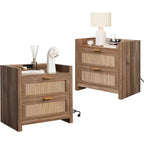 Acekool, set di 2 comodini con porta Type-C per ricarica rapida, doppia presa e 2 cassetti in rattan, tavolini da notte per camera da letto e soggiorno