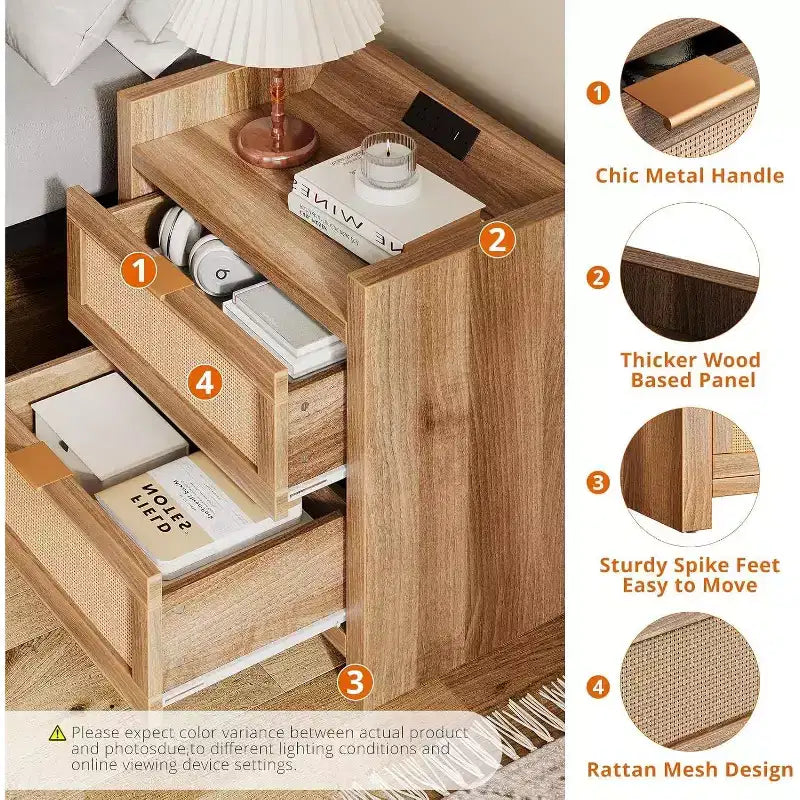 Acekool, set di 2 comodini con porta Type-C per ricarica rapida, doppia presa e 2 cassetti in rattan, tavolini da notte per camera da letto e soggiorno
