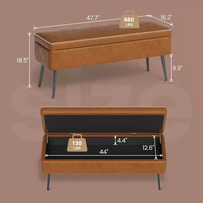 Panca Ottomana Contenitore da 121,4 cm con Rivestimento in Pelle, Cerniere Robuste, Seduta Poggiapiedi per Camera da Letto o Ingresso