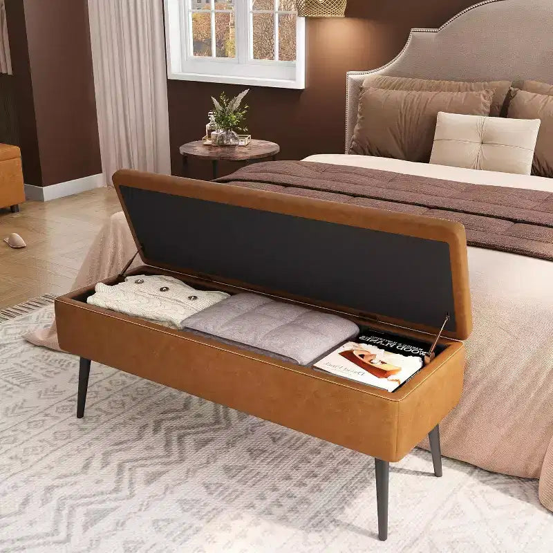 Panca Ottomana Contenitore da 121,4 cm con Rivestimento in Pelle, Cerniere Robuste, Seduta Poggiapiedi per Camera da Letto o Ingresso