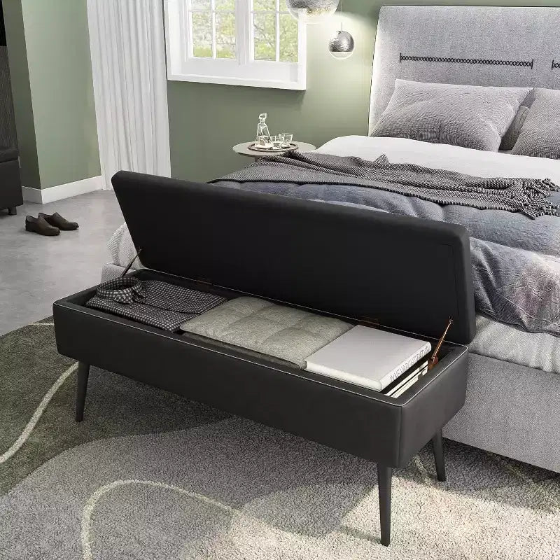 Panca Ottomana Contenitore da 121,4 cm con Rivestimento in Pelle, Cerniere Robuste, Seduta Poggiapiedi per Camera da Letto o Ingresso