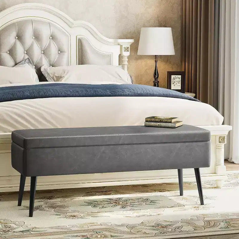 Panca Ottomana Contenitore da 121,4 cm con Rivestimento in Pelle, Cerniere Robuste, Seduta Poggiapiedi per Camera da Letto o Ingresso