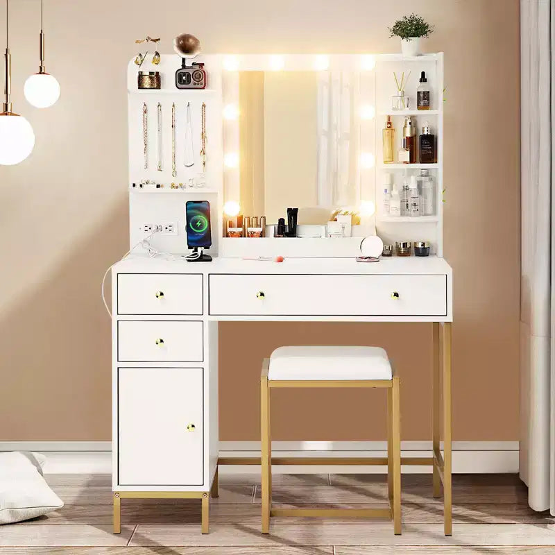 TROPOW Set toeletta con sedia e presa di corrente, specchio illuminato regolabile, cassetti e ripiani, 3 modalità di illuminazione per camera da letto, bianco