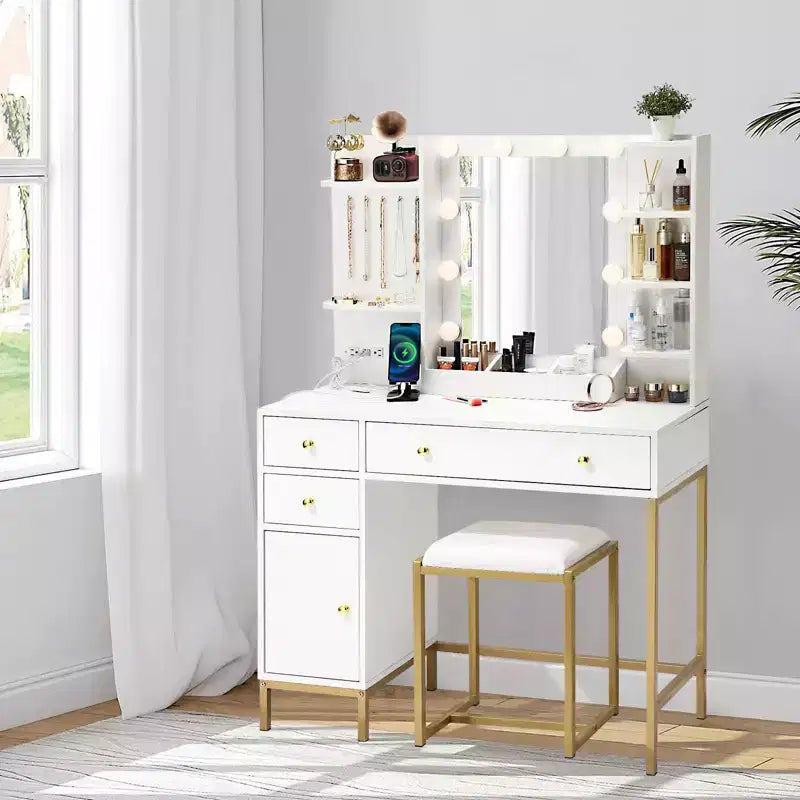 TROPOW Set toeletta con sedia e presa di corrente, specchio illuminato regolabile, cassetti e ripiani, 3 modalità di illuminazione per camera da letto, bianco