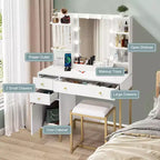 TROPOW Set toeletta con sedia e presa di corrente, specchio illuminato regolabile, cassetti e ripiani, 3 modalità di illuminazione per camera da letto, bianco