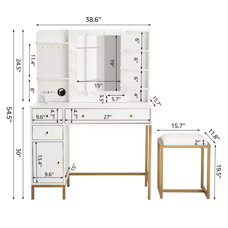 TROPOW Set toeletta con sedia e presa di corrente, specchio illuminato regolabile, cassetti e ripiani, 3 modalità di illuminazione per camera da letto, bianco