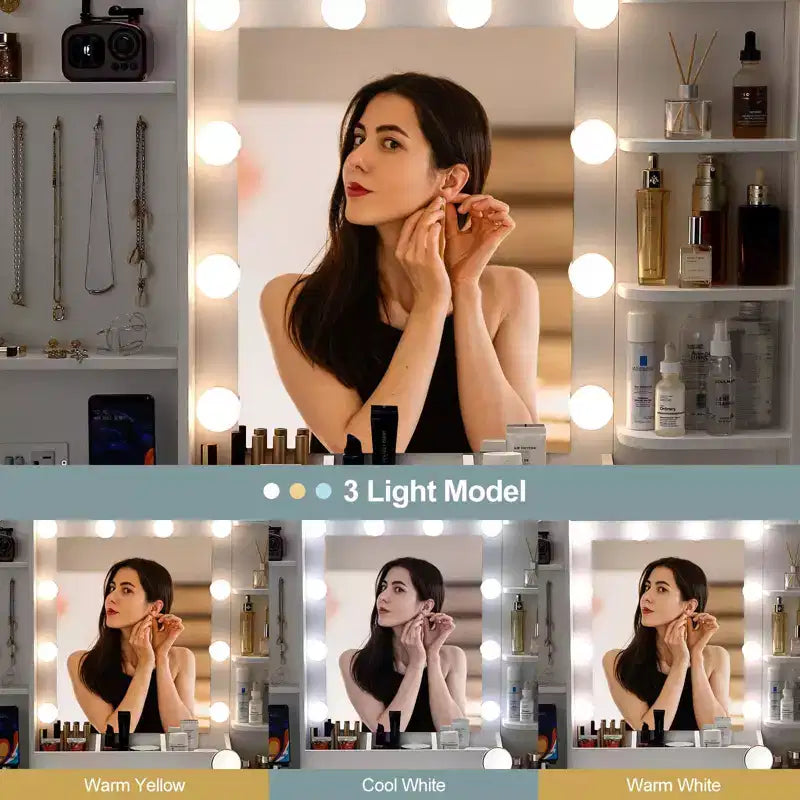 TROPOW Set toeletta con sedia e presa di corrente, specchio illuminato regolabile, cassetti e ripiani, 3 modalità di illuminazione per camera da letto, bianco