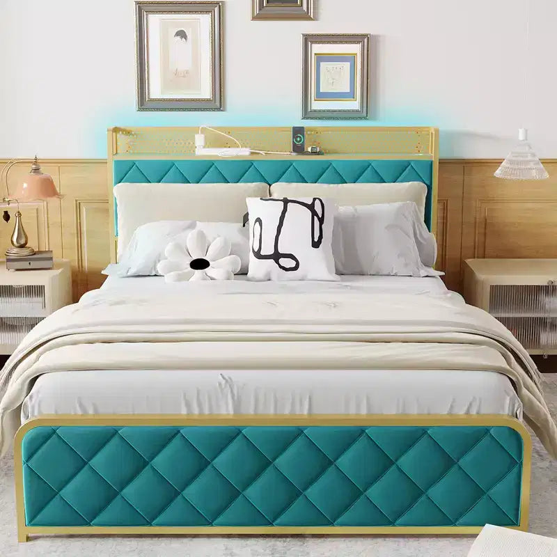 TROPOW King Size Giroletto con Stazione di Ricarica e Luci a LED, Letto King Size con Testiera in Velluto e Contenitore