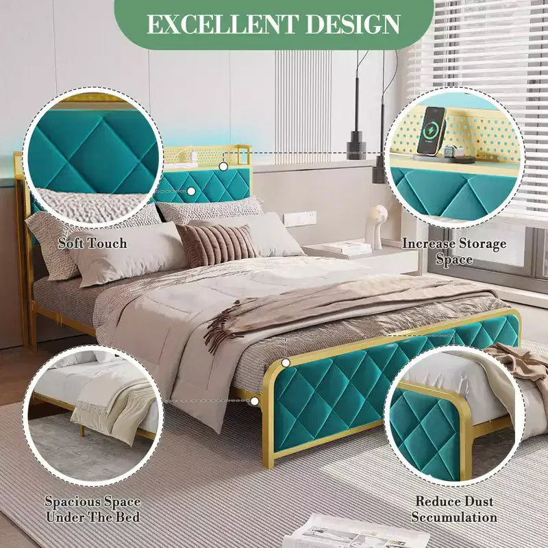 TROPOW King Size Giroletto con Stazione di Ricarica e Luci a LED, Letto King Size con Testiera in Velluto e Contenitore