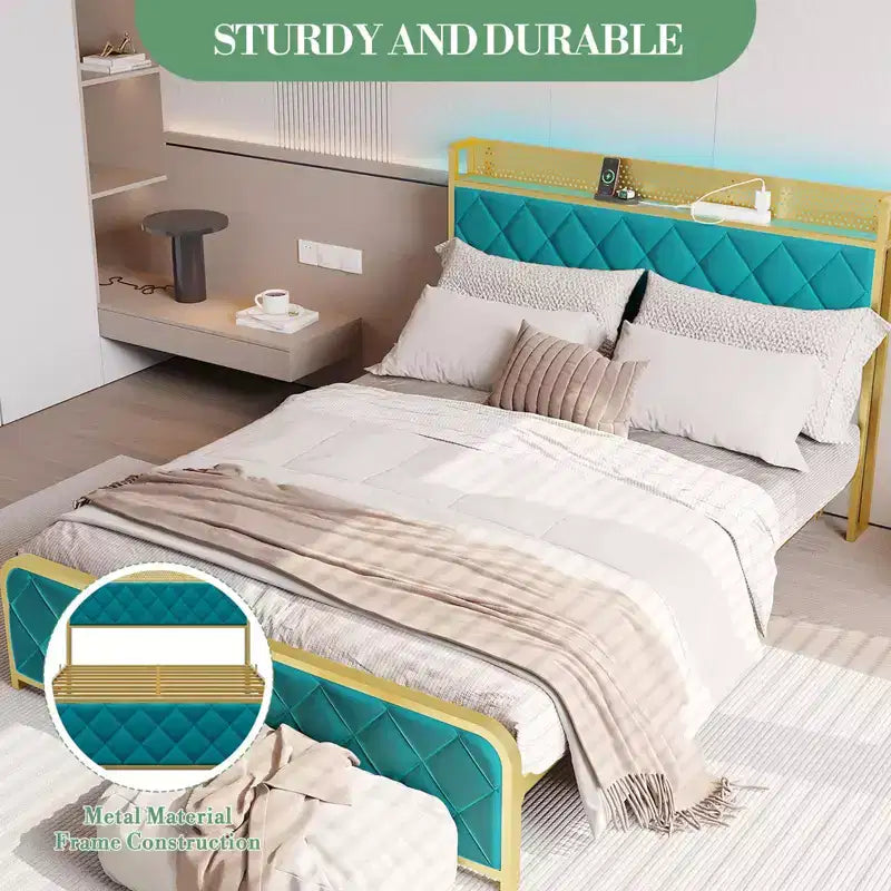 TROPOW King Size Giroletto con Stazione di Ricarica e Luci a LED, Letto King Size con Testiera in Velluto e Contenitore