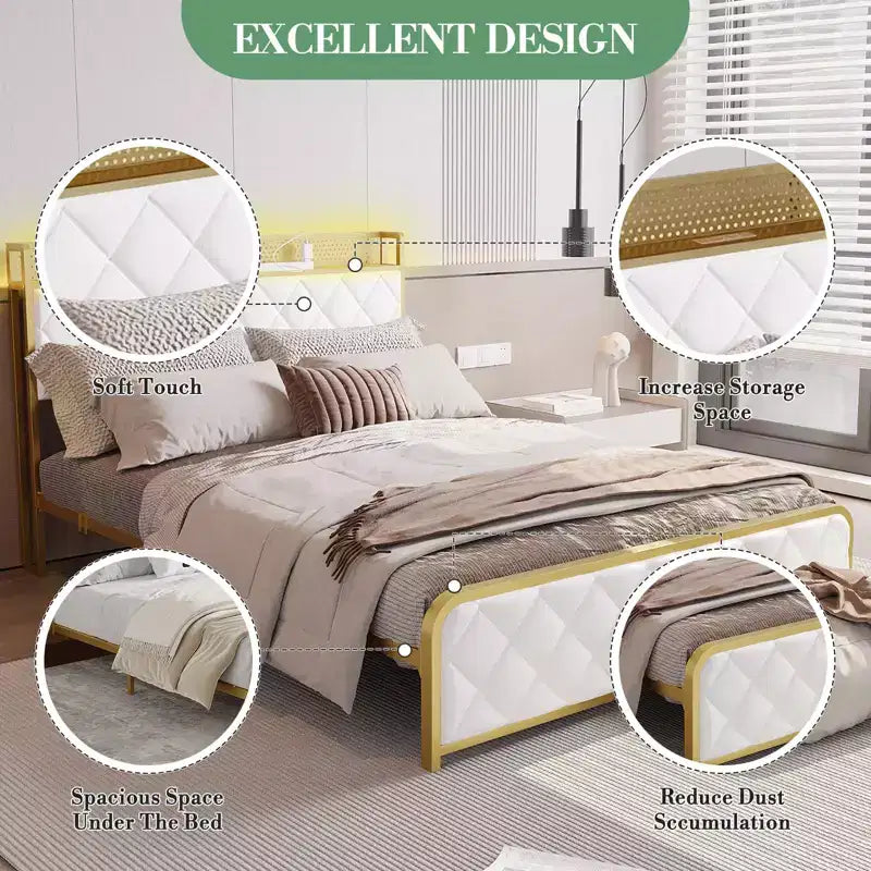 TROPOW King Size Giroletto con Stazione di Ricarica e Luci a LED, Letto King Size con Testiera in Velluto e Contenitore