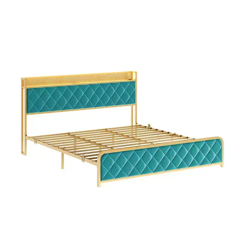 TROPOW King Size Giroletto con Stazione di Ricarica e Luci a LED, Letto King Size con Testiera in Velluto e Contenitore