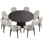 PexFix Set da Pranzo Rotondo Moderno 60 con 8 Sedie Imbottite, Piano in Legno Testurizzato Nero, Base a Piedistallo Plissettata, Sedute Beige per Cucina Sala da Pranzo
