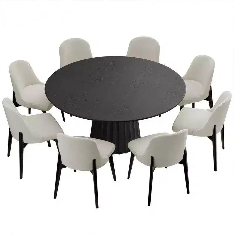 PexFix Set da Pranzo Rotondo Moderno 60 con 8 Sedie Imbottite, Piano in Legno Testurizzato Nero, Base a Piedistallo Plissettata, Sedute Beige per Cucina Sala da Pranzo