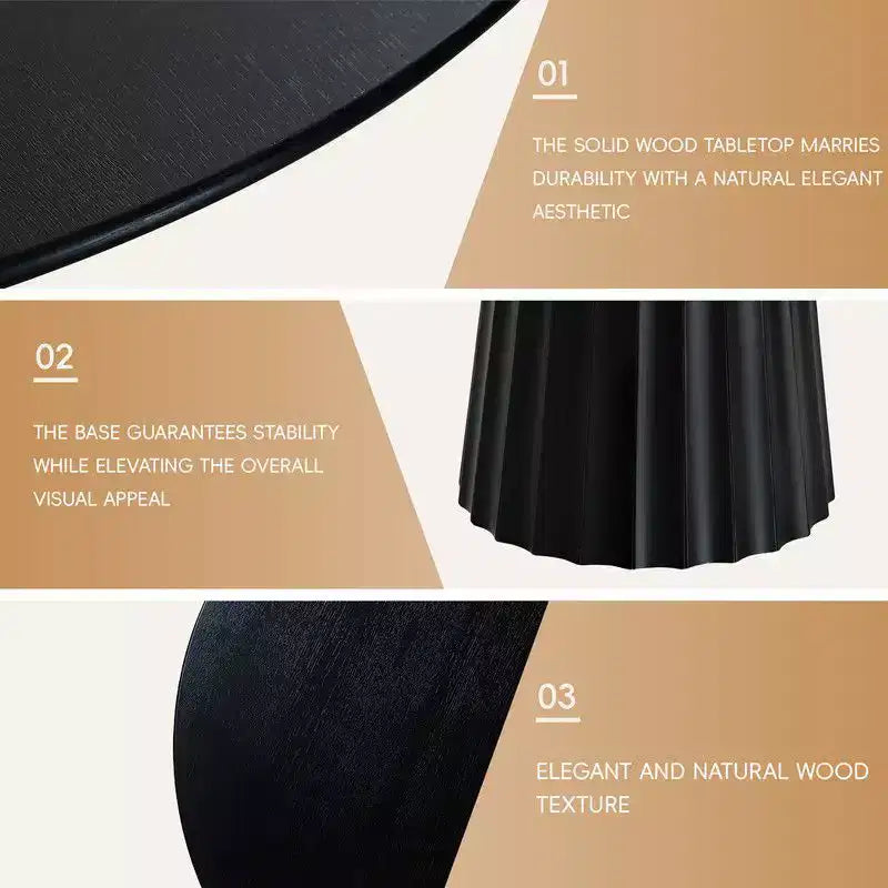 PexFix Set da Pranzo Rotondo Moderno 60 con 8 Sedie Imbottite, Piano in Legno Testurizzato Nero, Base a Piedistallo Plissettata, Sedute Beige per Cucina Sala da Pranzo