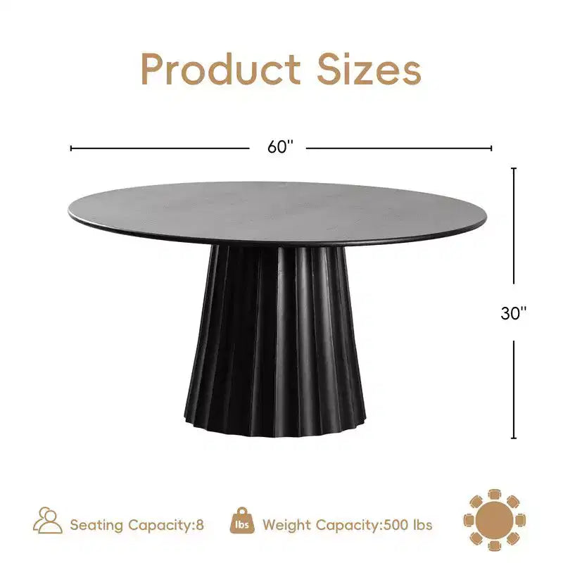 PexFix Set da Pranzo Rotondo Moderno 60 con 8 Sedie Imbottite, Piano in Legno Testurizzato Nero, Base a Piedistallo Plissettata, Sedute Beige per Cucina Sala da Pranzo
