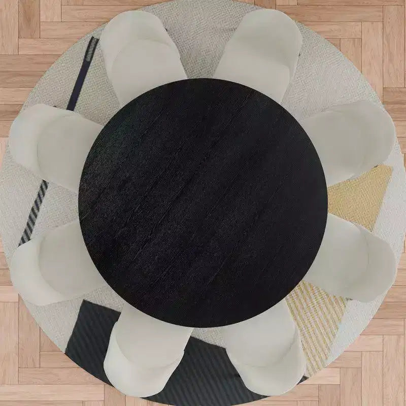 PexFix Set da Pranzo Rotondo Moderno 60 con 8 Sedie Imbottite, Piano in Legno Testurizzato Nero, Base a Piedistallo Plissettata, Sedute Beige per Cucina Sala da Pranzo