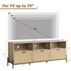 Mobile porta TV in rattan per TV fino a 75'', mobile TV con ripiano aperto e 3 cassetti, mobile TV moderno di metà secolo