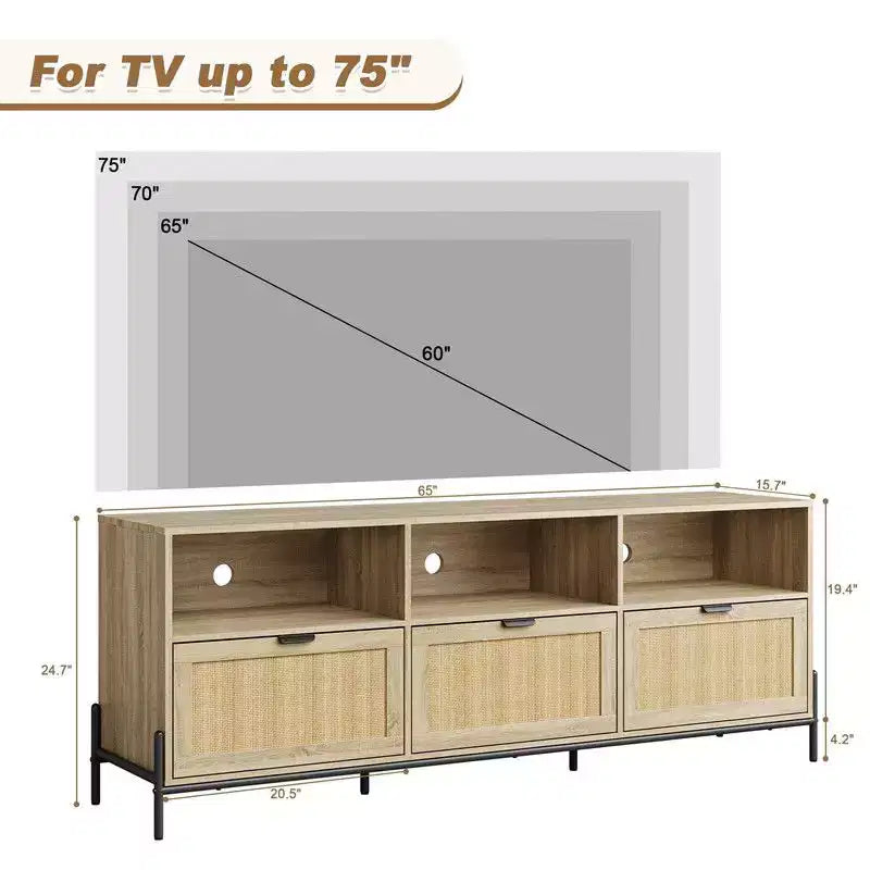 Mobile porta TV in rattan per TV fino a 75'', mobile TV con ripiano aperto e 3 cassetti, mobile TV moderno di metà secolo