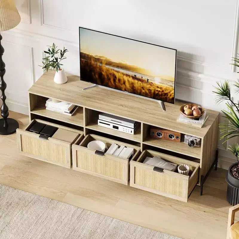 Mobile porta TV in rattan per TV fino a 75'', mobile TV con ripiano aperto e 3 cassetti, mobile TV moderno di metà secolo