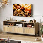 Mobile porta TV in rattan per TV fino a 75'', mobile TV con ripiano aperto e 3 cassetti, mobile TV moderno di metà secolo