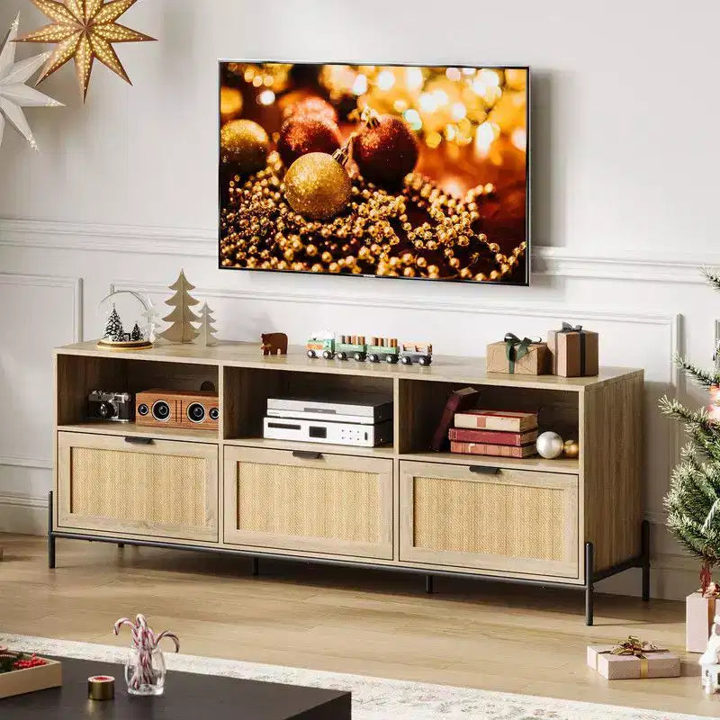 Mobile porta TV in rattan per TV fino a 75'', mobile TV con ripiano aperto e 3 cassetti, mobile TV moderno di metà secolo