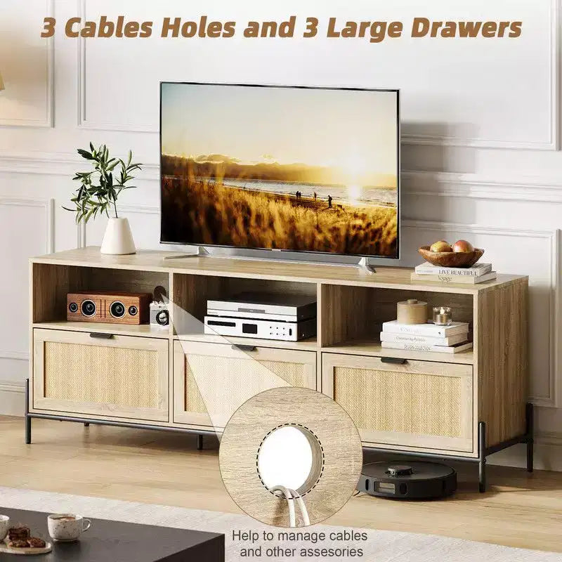 Mobile porta TV in rattan per TV fino a 75'', mobile TV con ripiano aperto e 3 cassetti, mobile TV moderno di metà secolo