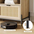 Mobile porta TV in rattan per TV fino a 75'', mobile TV con ripiano aperto e 3 cassetti, mobile TV moderno di metà secolo