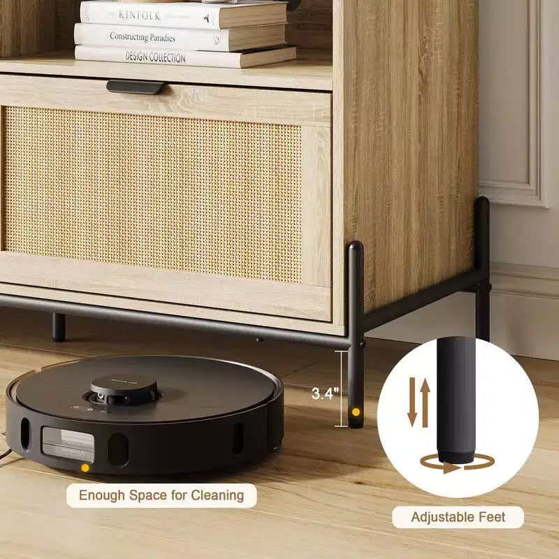 Mobile porta TV in rattan per TV fino a 75'', mobile TV con ripiano aperto e 3 cassetti, mobile TV moderno di metà secolo