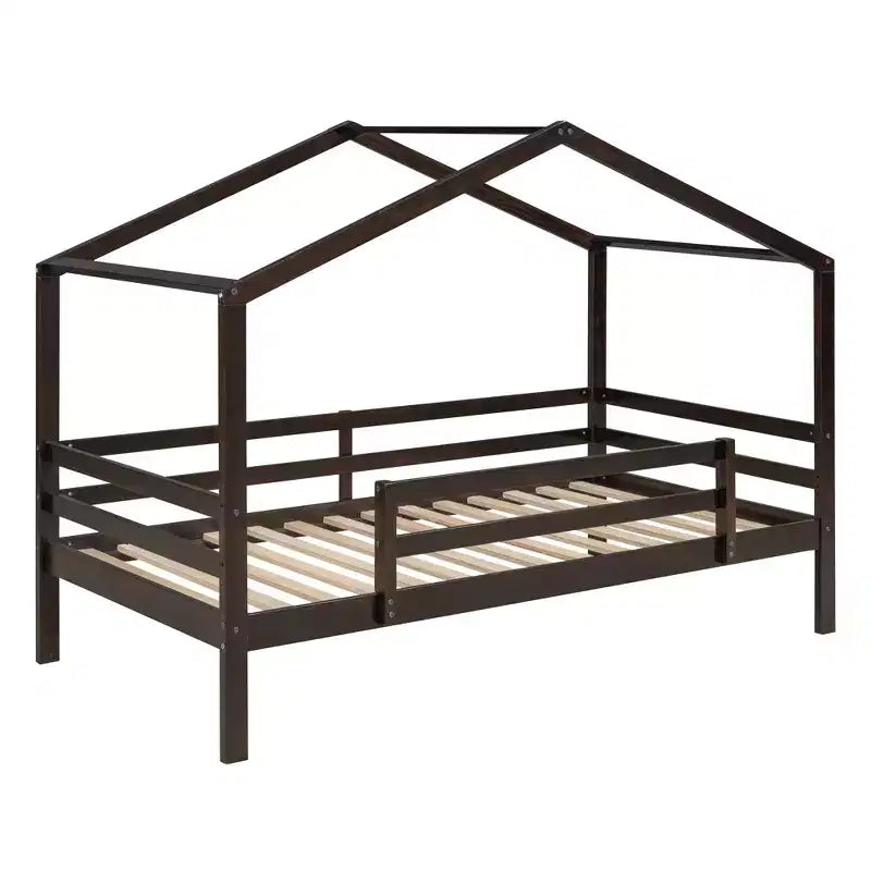 Letto a castello in legno con tetto, a castello basso, con scivolo e scaletta