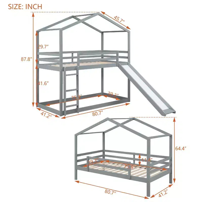 Letto a castello in legno con tetto, a castello basso, con scivolo e scaletta