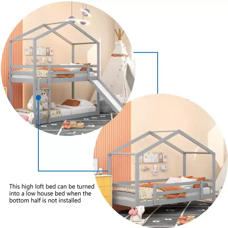 Letto a castello in legno con tetto, a castello basso, con scivolo e scaletta