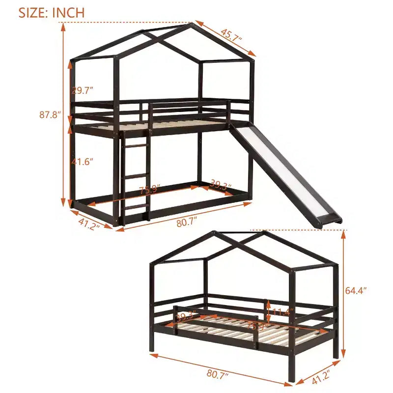 Letto a castello in legno con tetto, a castello basso, con scivolo e scaletta